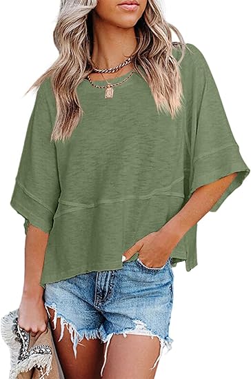 Women's Summer Casual Crewneck Batwing Half Sleeve Tee