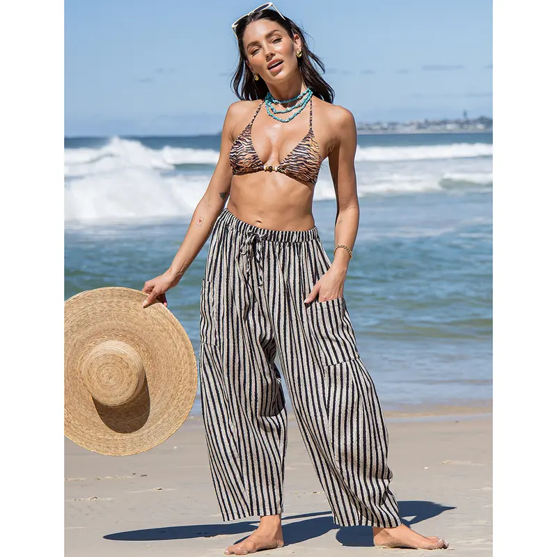 Women's Linen Wide Leg Pants Casual Loose Drawstring Low Waist with Pockets