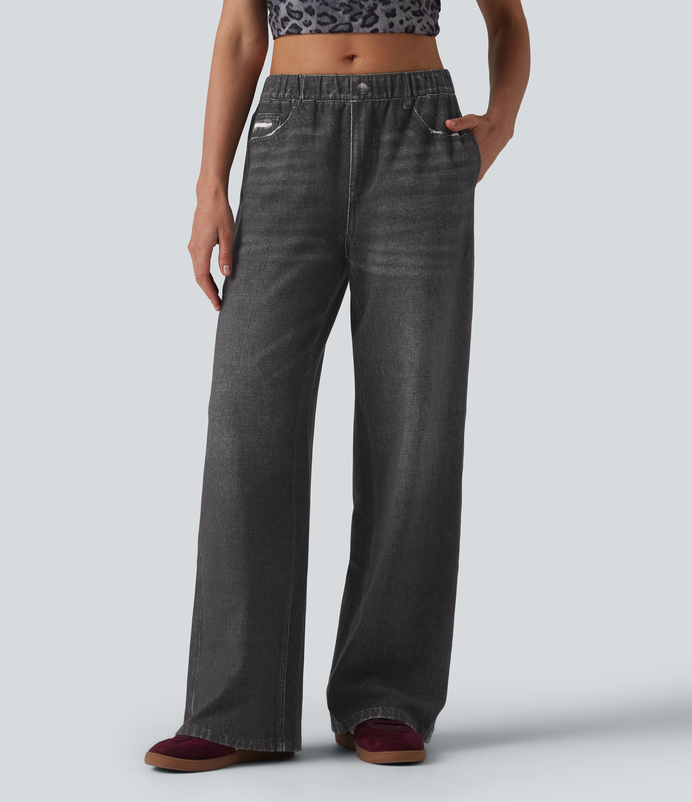 Mid Rise Denim Print French Terry Casual Sweatpants Jeans with Pockets