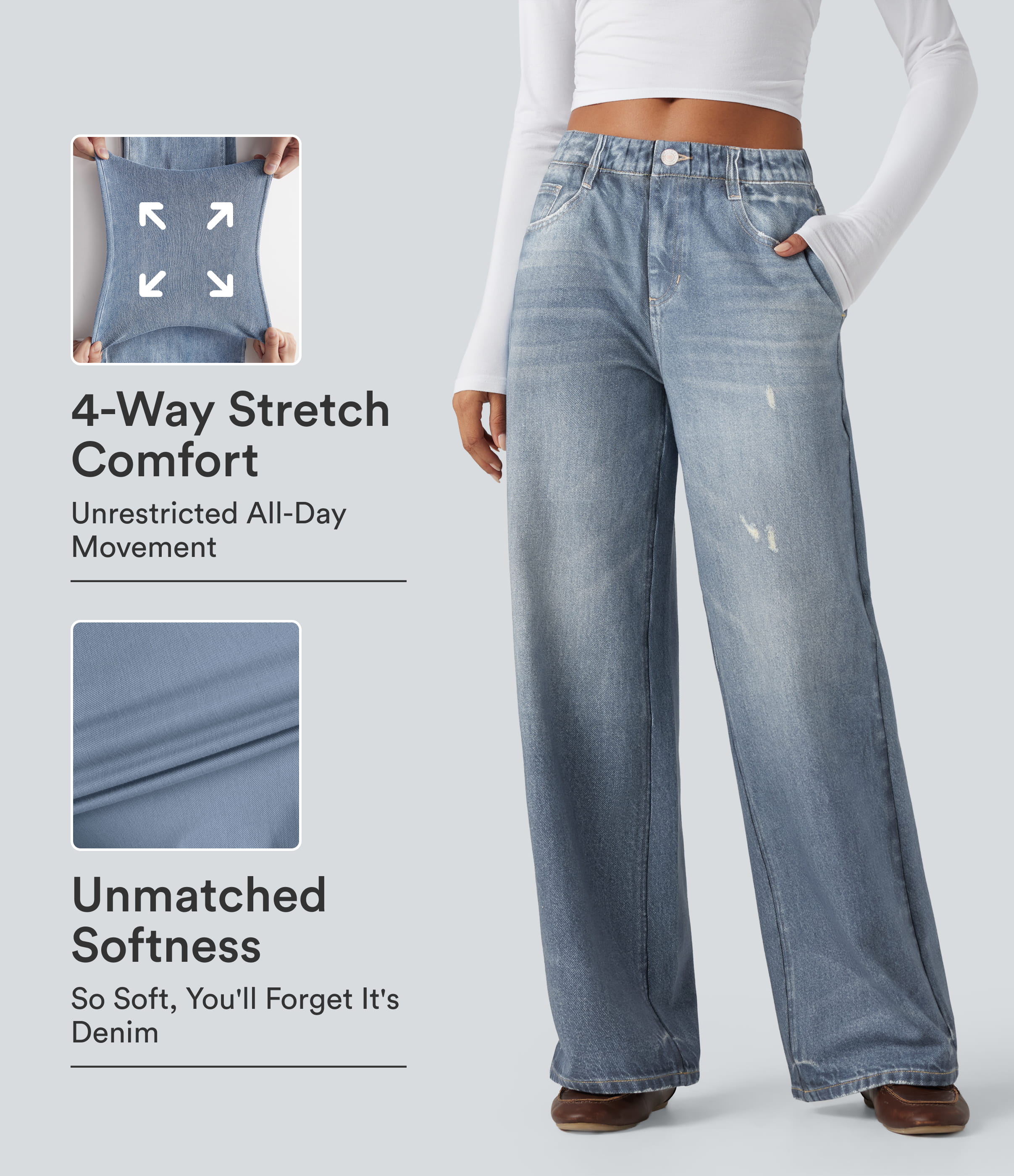 Mid Rise Denim Print French Terry Casual Sweatpants Jeans with Pockets
