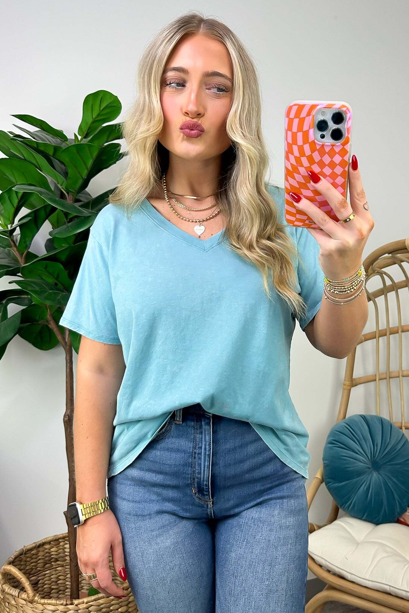 Soliel Acid Wash V-Neck Relaxed Fit Top - BACK IN STOCK
