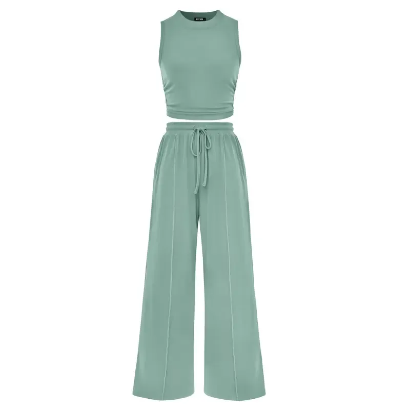 🔥Women's 2-Piece Outfits - Ribbed Knit Crew Neck Sleeveless Cropped Top & Wide Leg Pants Lounge Set
