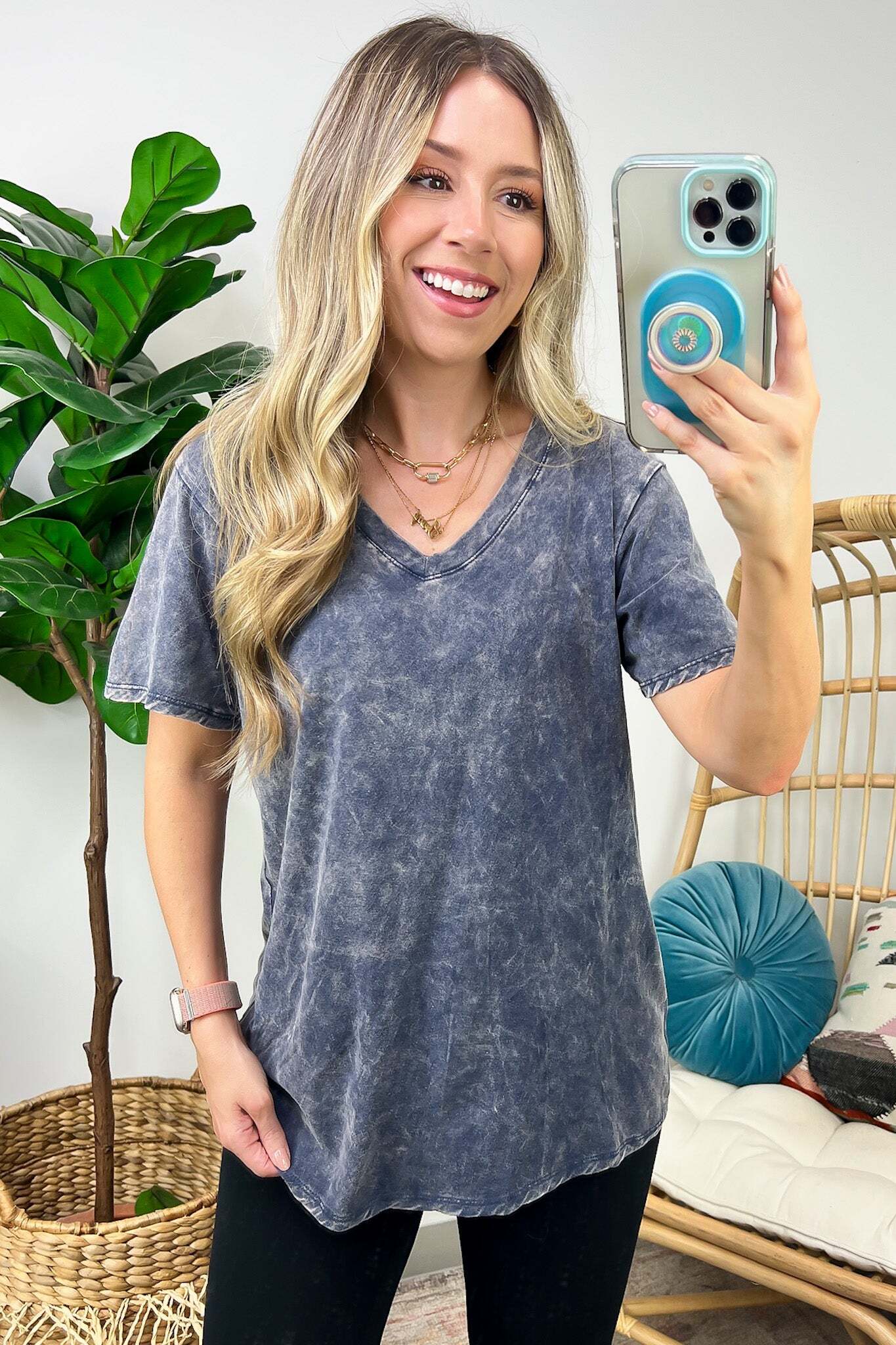 Soliel Acid Wash V-Neck Relaxed Fit Top - BACK IN STOCK