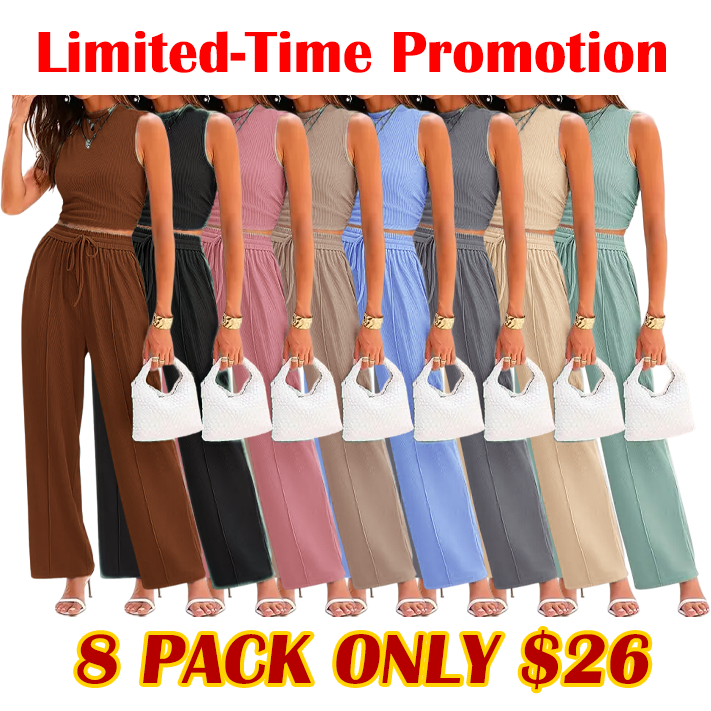 Women Summer 2 Piece Outfits 2026 Beach Crew Neck Sleeveless Cropped Top Elastic Waist Wide Leg Pants Lounge Set