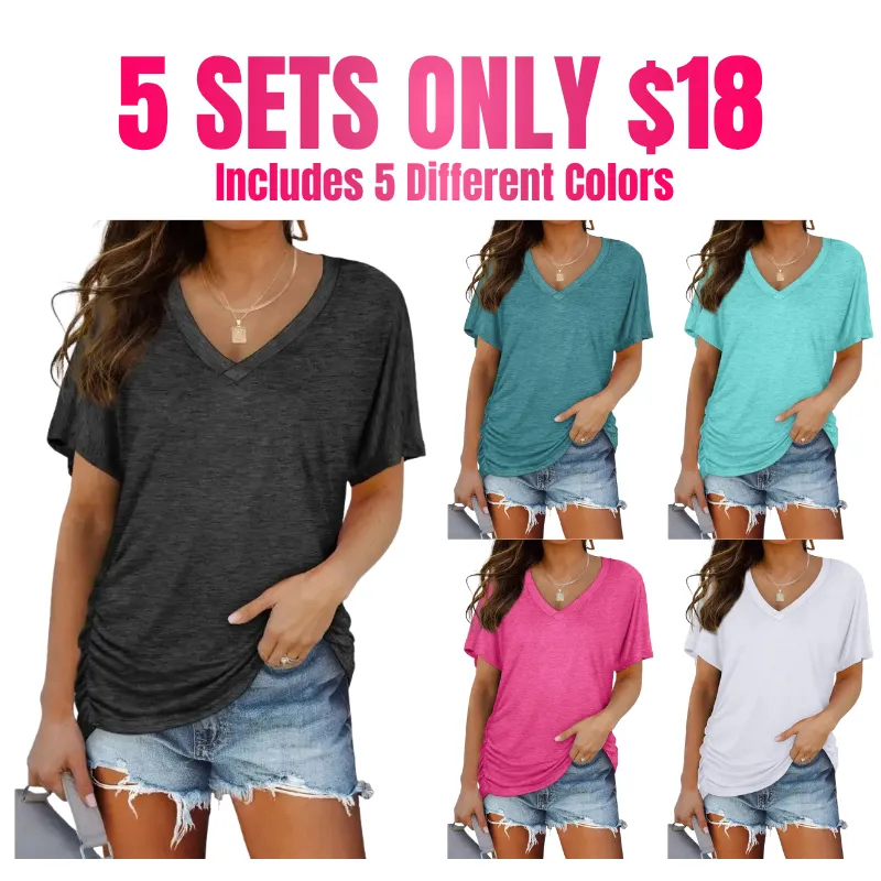 Womens Short Sleeve V Neck Dolman Tops with Side Shirring