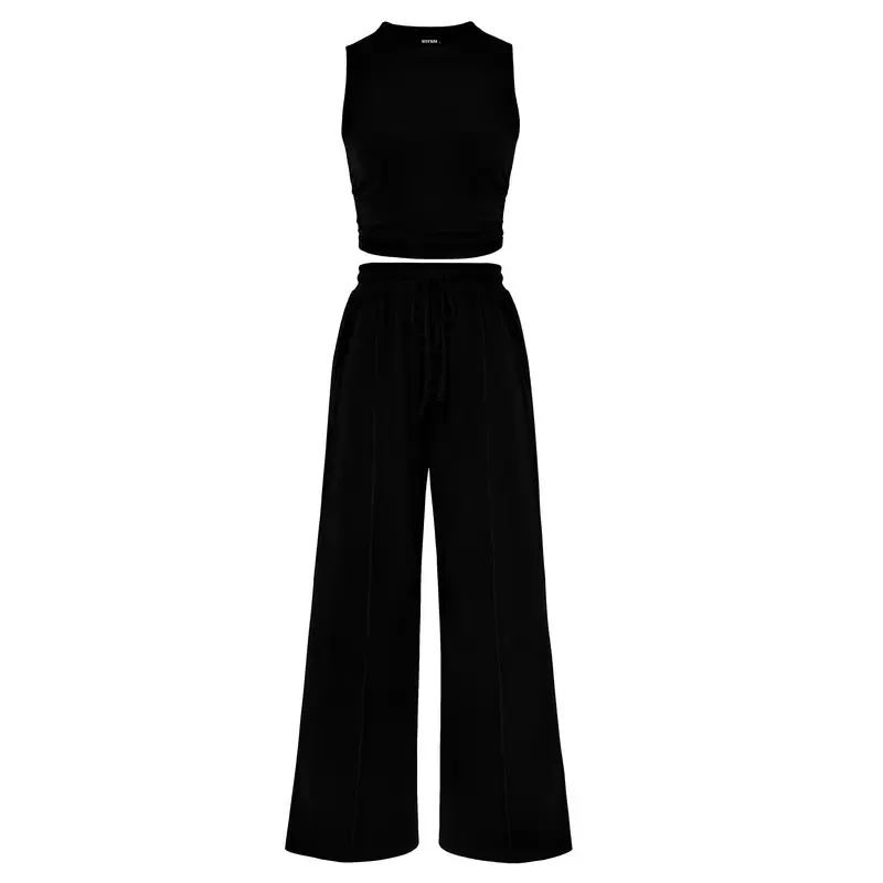 🔥Women's 2-Piece Outfits - Ribbed Knit Crew Neck Sleeveless Cropped Top & Wide Leg Pants Lounge Set