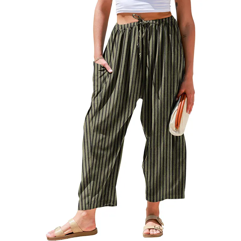 Women's Linen Wide Leg Pants Casual Loose Drawstring Low Waist with Pockets