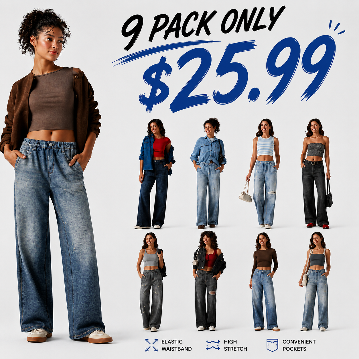 Mid Rise Denim Print French Terry Casual Sweatpants Jeans with Pockets