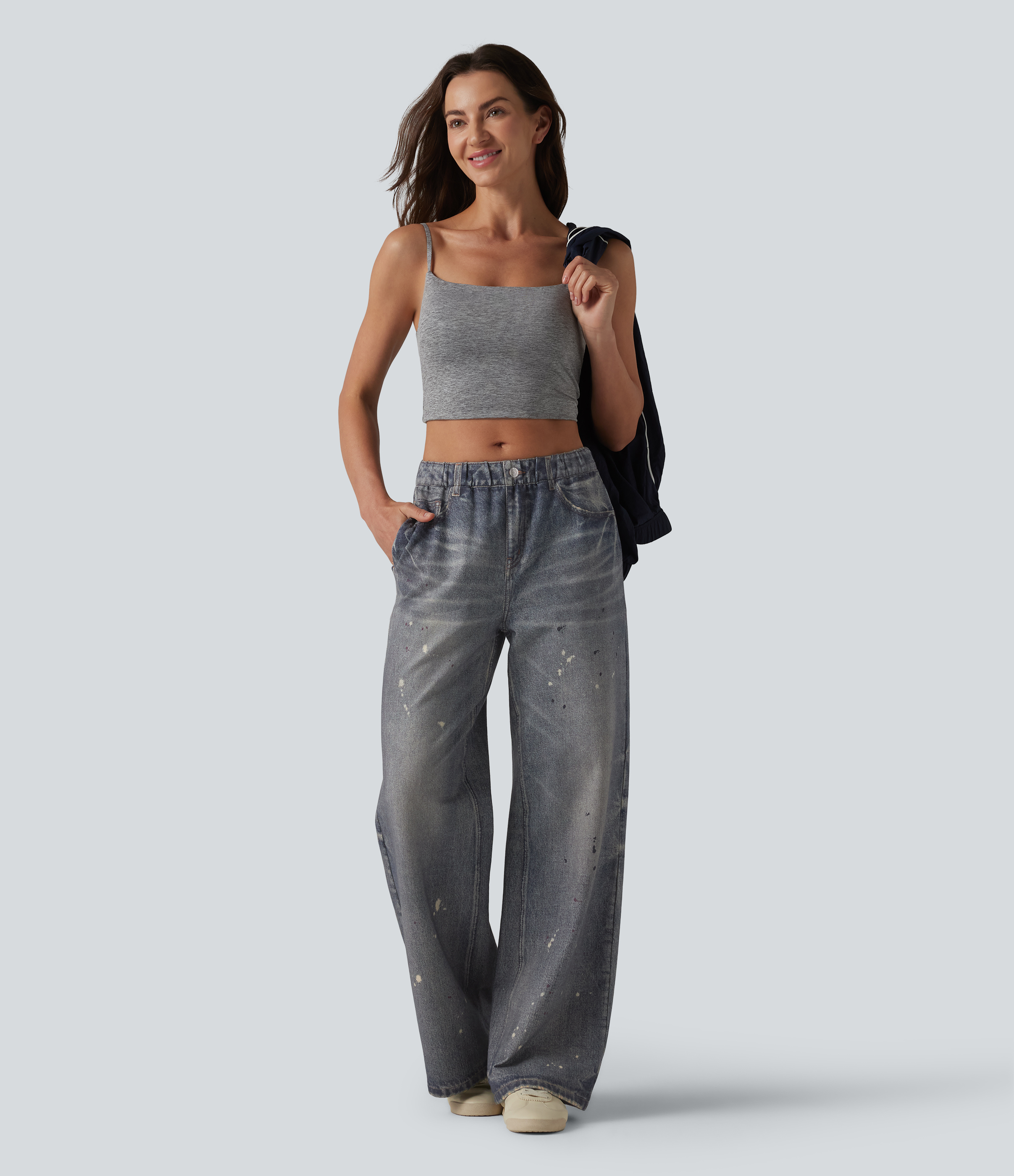 Mid Rise Denim Print French Terry Casual Sweatpants Jeans with Pockets
