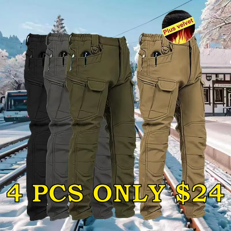 Men’s Soft Shell Tactical Pants: Fleece-Lined, Multi-Pocket, Windproof Warm (Fall/Winter)