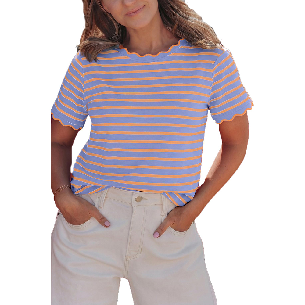Women's Top Stripe Scalloped Trim Round Neck T Shirt