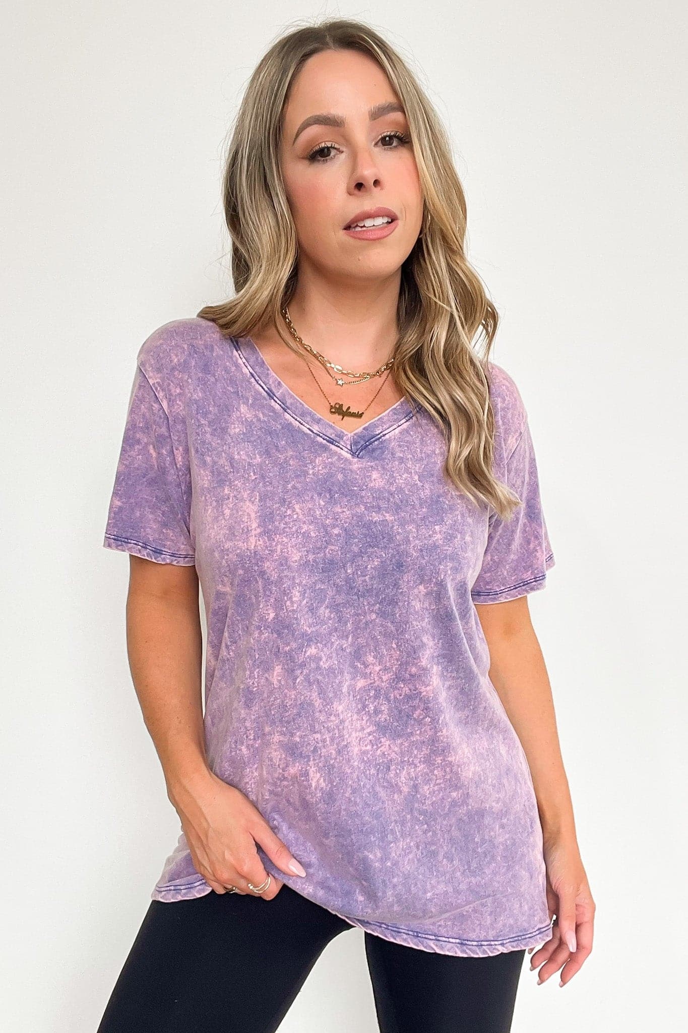 Soliel Acid Wash V-Neck Relaxed Fit Top - BACK IN STOCK