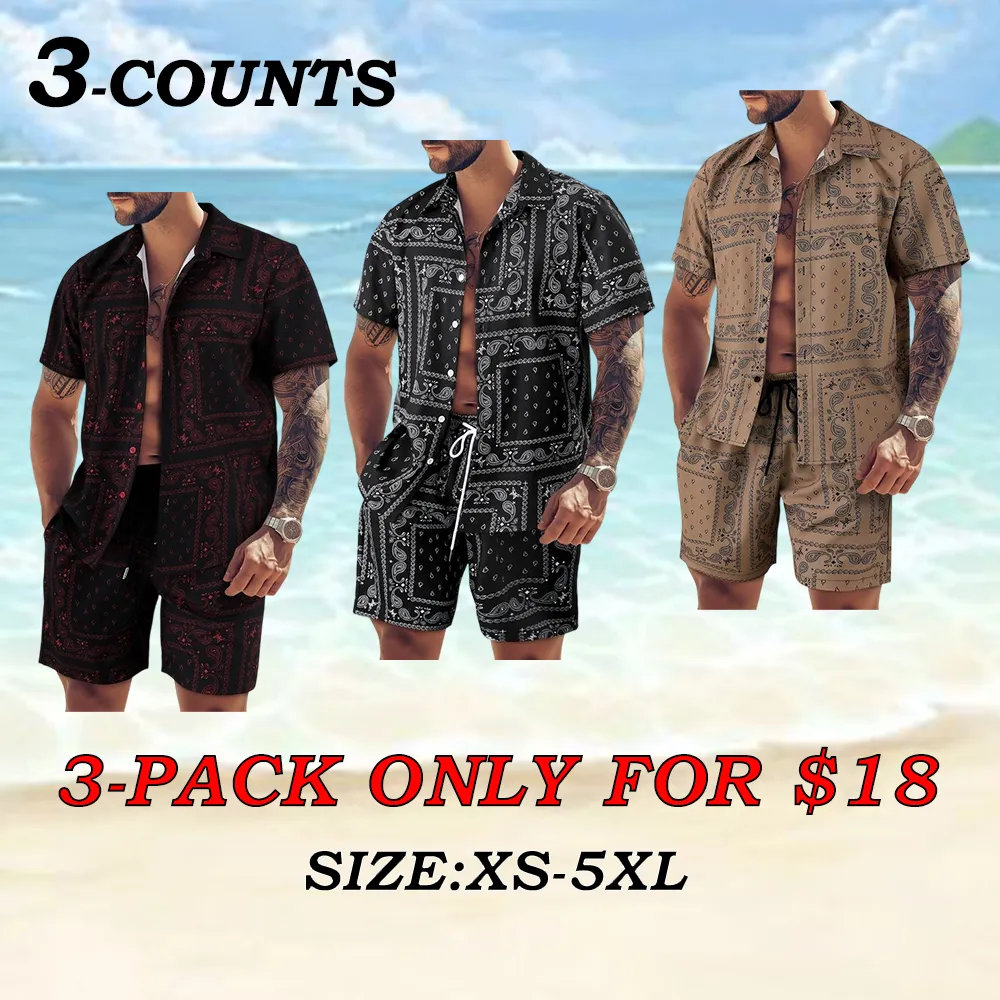 Men's All-Over Print Shirt & Shorts Set Casual Button Collar, Drawstring Waist, Tropical Summer