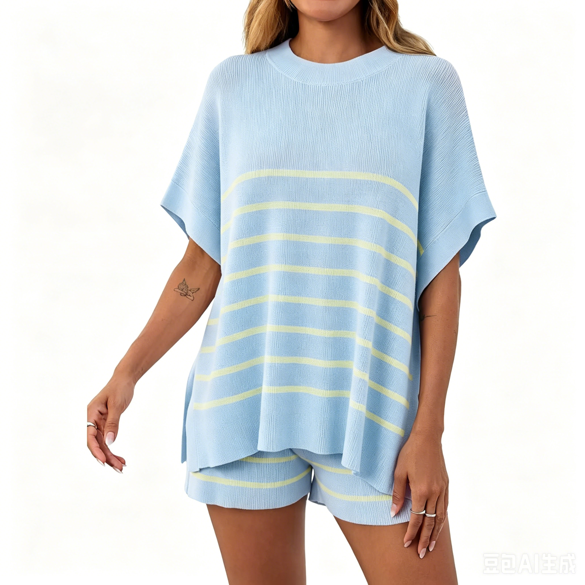 ⏰24HR 90% OFF🔥 Women's Striped 2 Piece Outfits Oversized Batwing Short Sleeve Tops High Waisted Shorts Summer Knit Lounge Short Sets