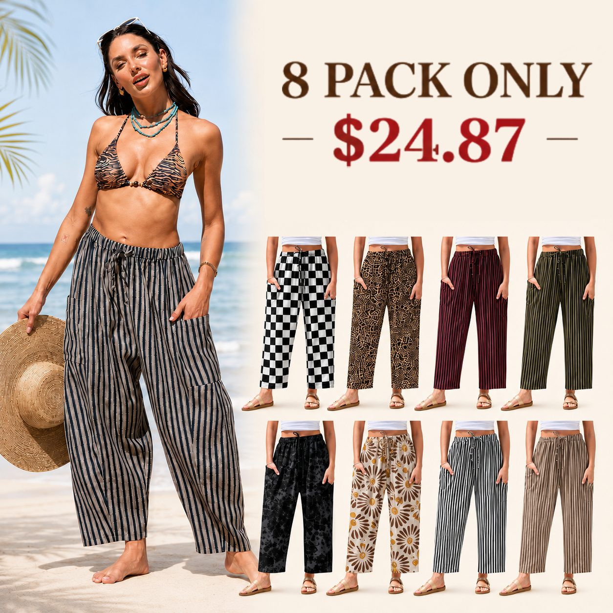 Women's Linen Wide Leg Pants Casual Loose Drawstring Low Waist with Pockets