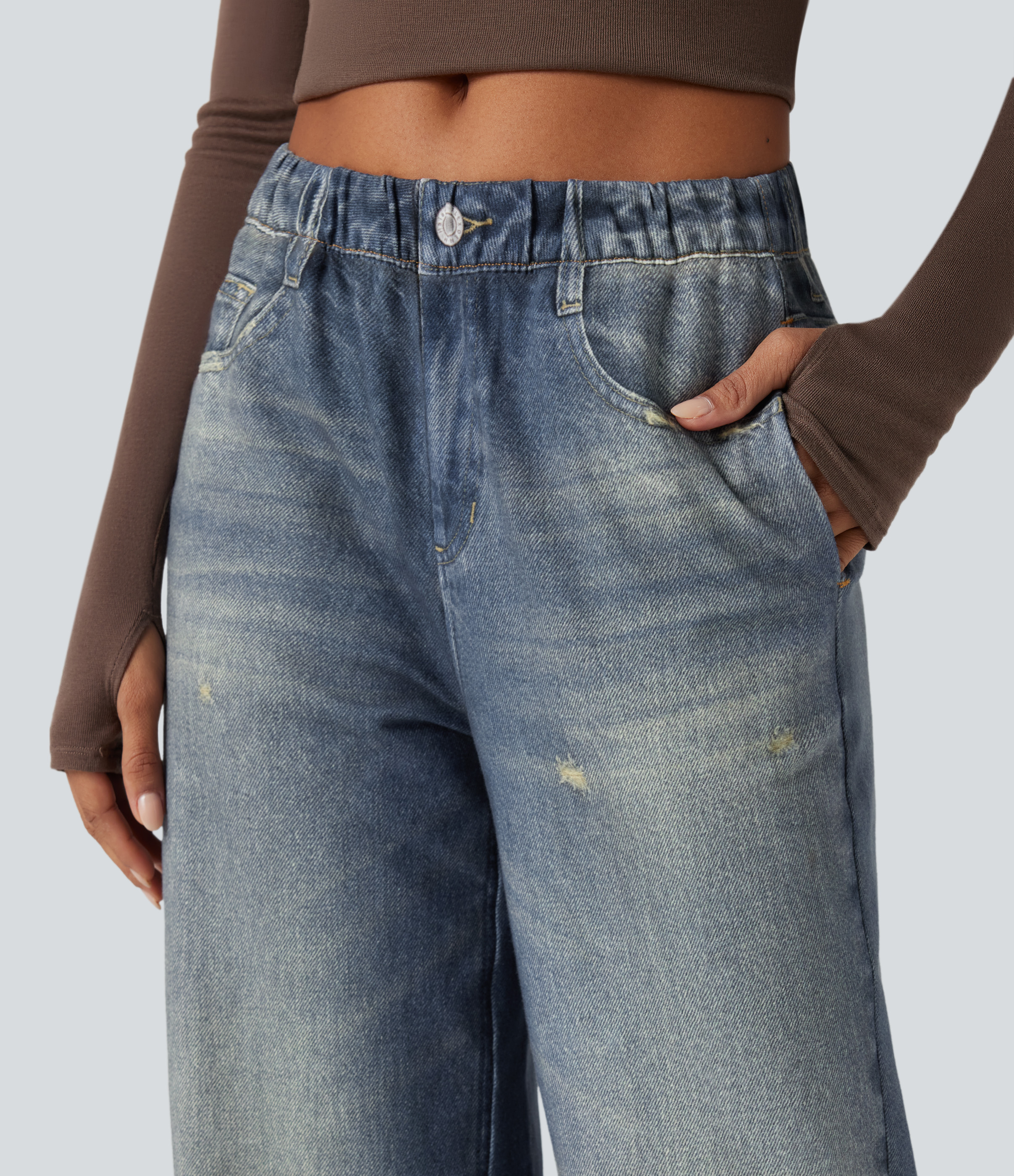 Mid Rise Denim Print French Terry Casual Sweatpants Jeans with Pockets