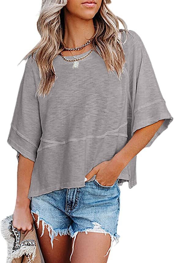 Women's Summer Casual Crewneck Batwing Half Sleeve Tee
