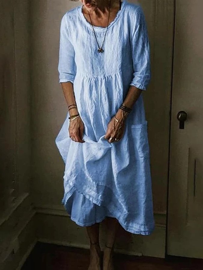 Womens Casual Round Neck Linen Solid Long Maxidress