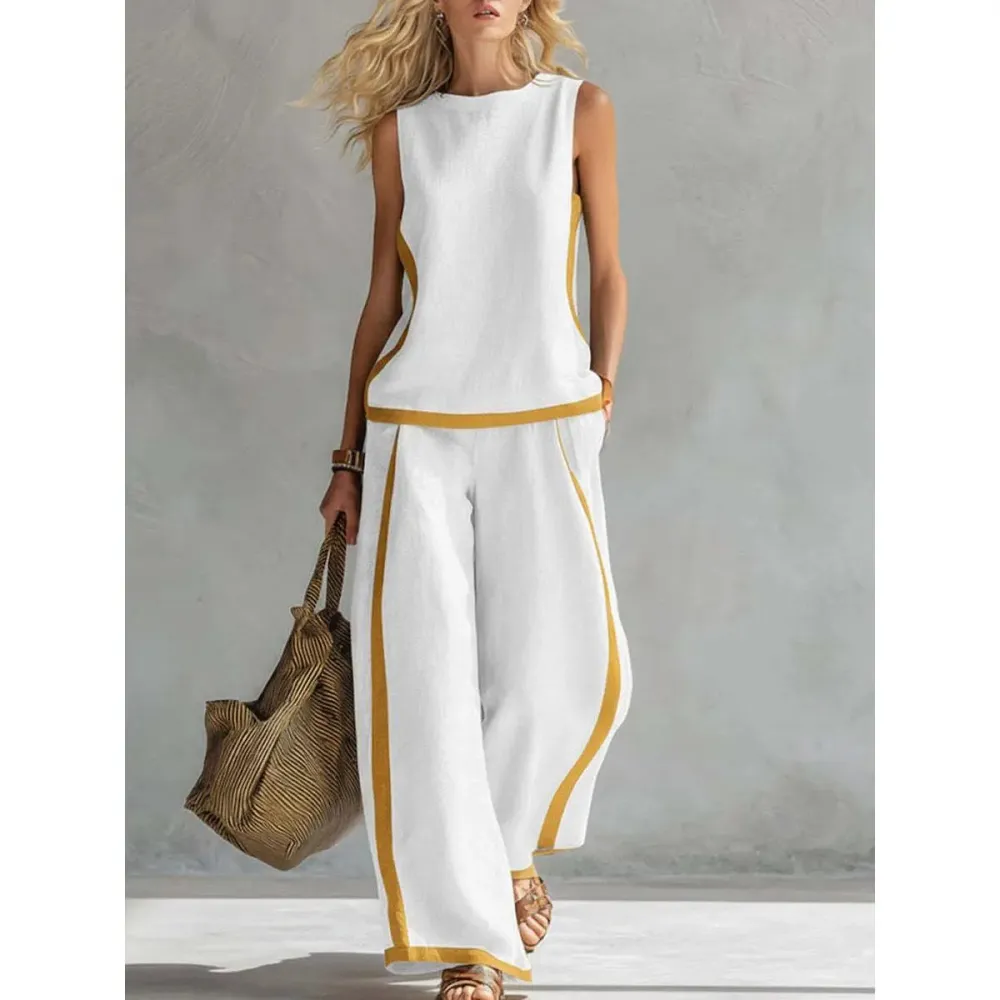 Linen Blend Women Sleeveless Color Block Top Wide Leg Pants Set