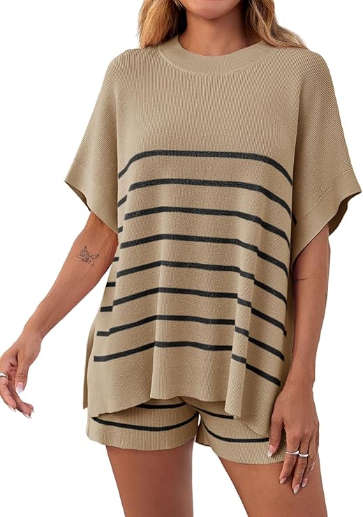 ⏰24HR 90% OFF🔥 Women's Striped 2 Piece Outfits Oversized Batwing Short Sleeve Tops High Waisted Shorts Summer Knit Lounge Short Sets