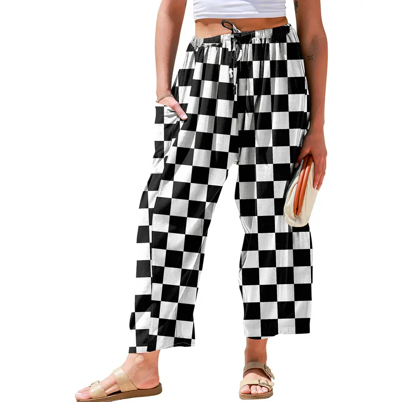 Women's Linen Wide Leg Pants Casual Loose Drawstring Low Waist with Pockets
