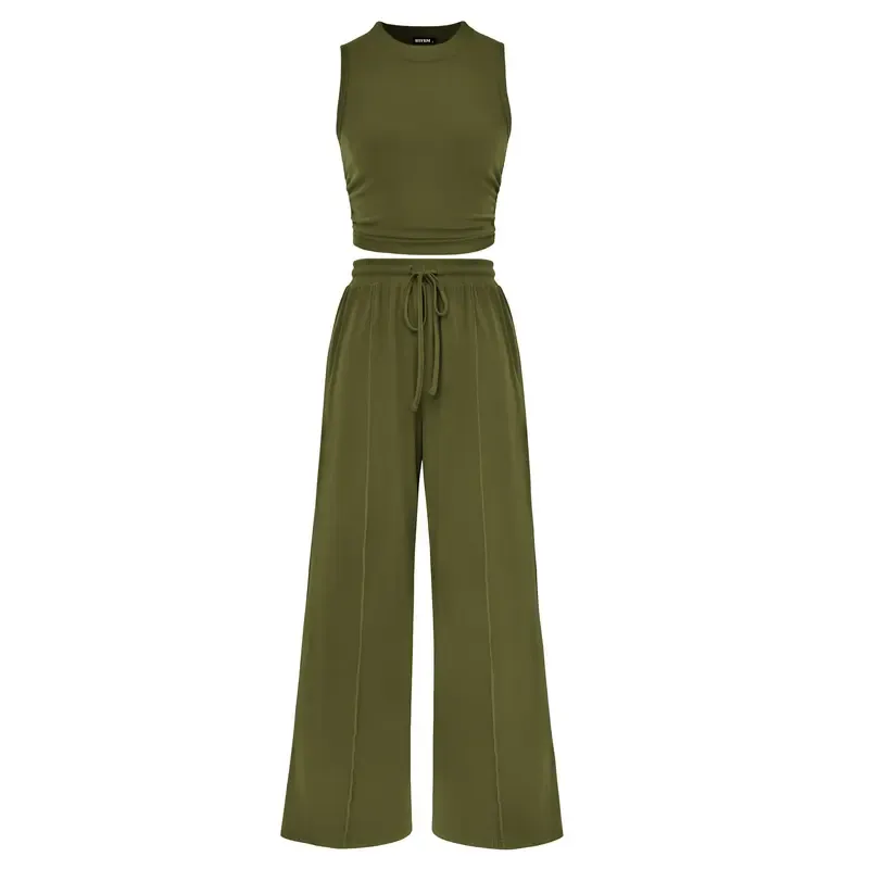 🔥Women's 2-Piece Outfits - Ribbed Knit Crew Neck Sleeveless Cropped Top & Wide Leg Pants Lounge Set