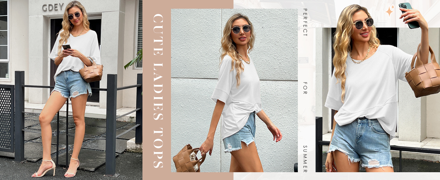 Women Summer Casual Batwing Half Sleeve T-Shirt Loose Fit Cute Basic Flowy Boxy Tops Tees Blouse