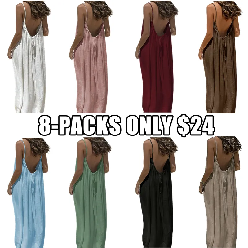 Women's Cotton Linen Backless Loose Dress