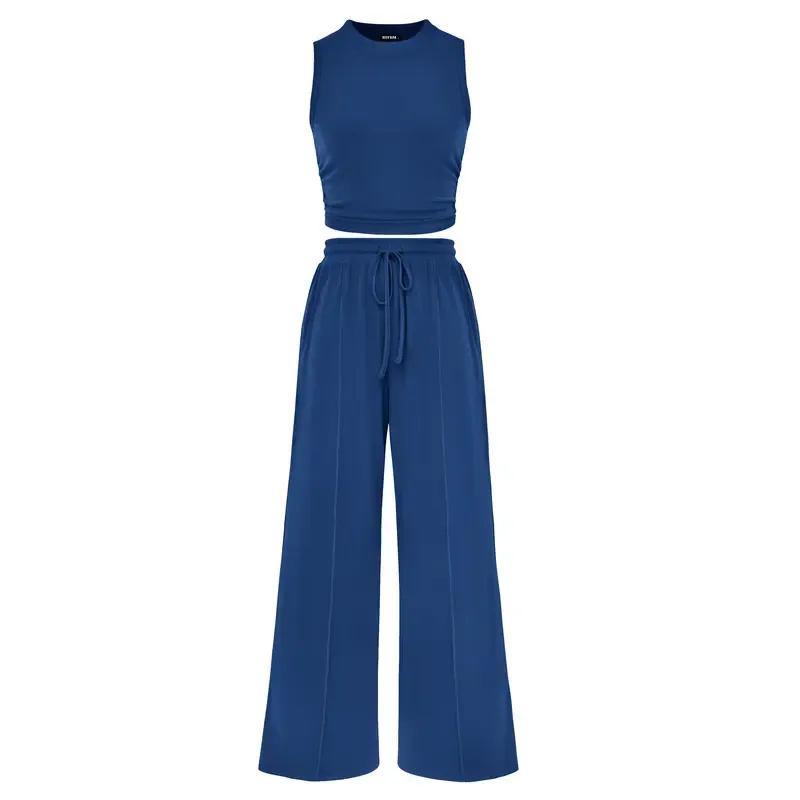 🔥Women's 2-Piece Outfits - Ribbed Knit Crew Neck Sleeveless Cropped Top & Wide Leg Pants Lounge Set