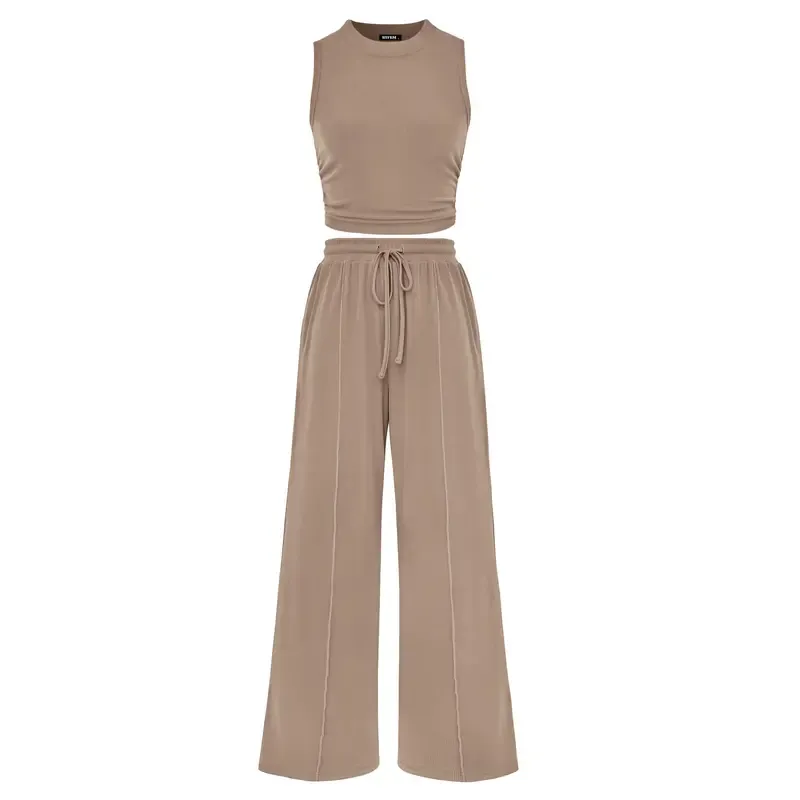 🔥Women's 2-Piece Outfits - Ribbed Knit Crew Neck Sleeveless Cropped Top & Wide Leg Pants Lounge Set