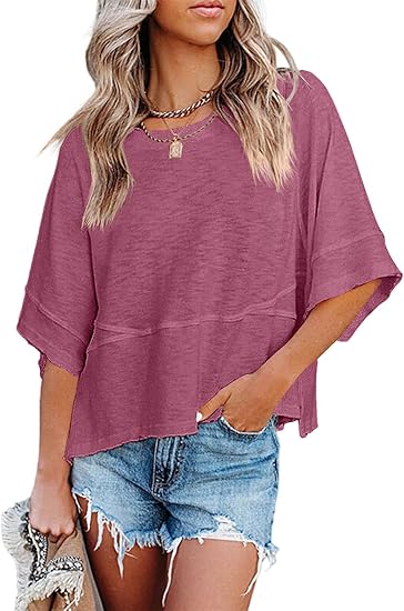 Women's Summer Casual Crewneck Batwing Half Sleeve Tee