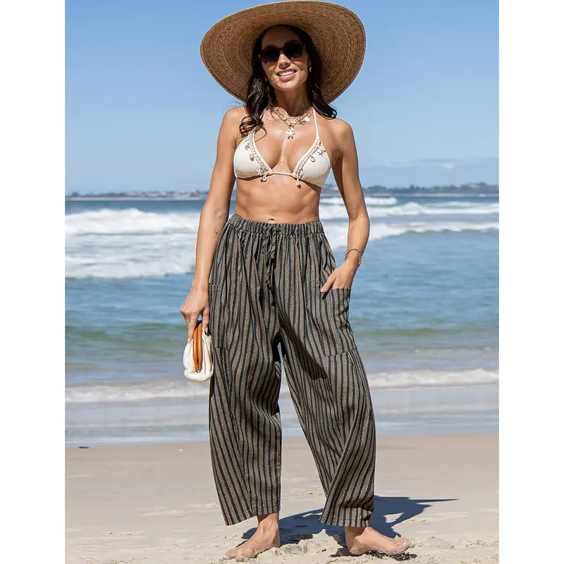 Women's Linen Wide Leg Pants Casual Loose Drawstring Low Waist with Pockets
