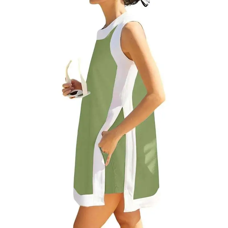 Women's 2-Piece Sets Color Block Crewneck Sleeveless Top + Skirt & Shorts w/ Pockets