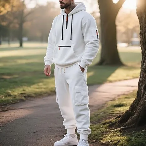 Men’s Fleece-Lined 2-Piece Tracksuit: Tactical Quarter-Zip Hoodie + Cargo Joggers