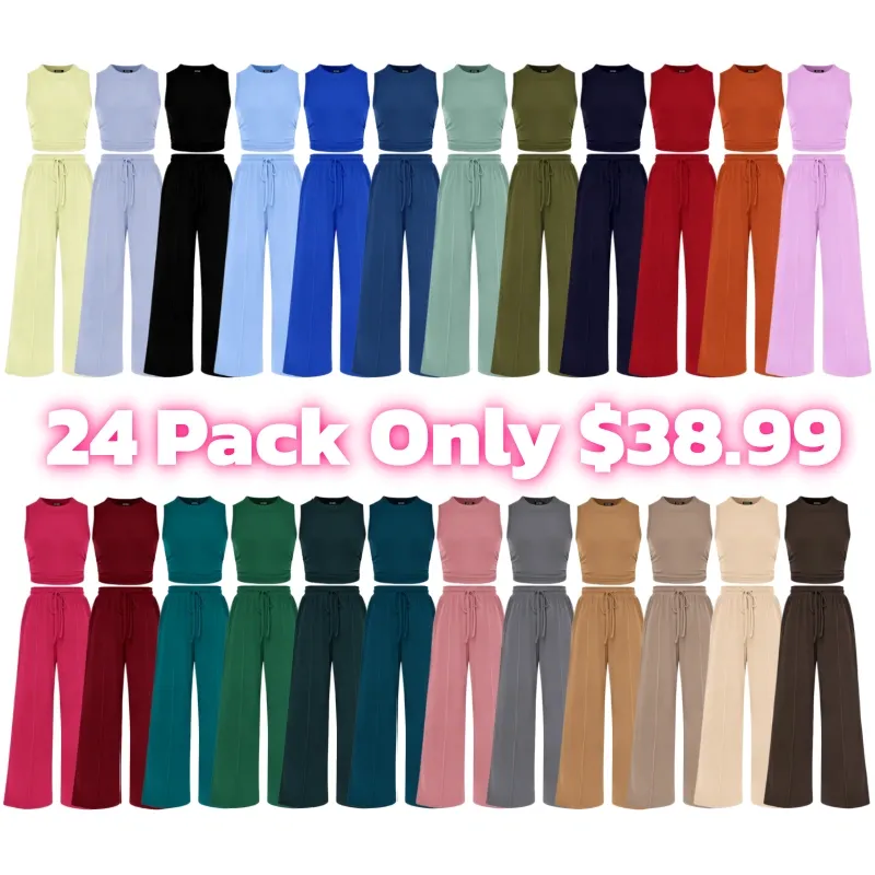 🔥Women's 2-Piece Outfits - Ribbed Knit Crew Neck Sleeveless Cropped Top & Wide Leg Pants Lounge Set