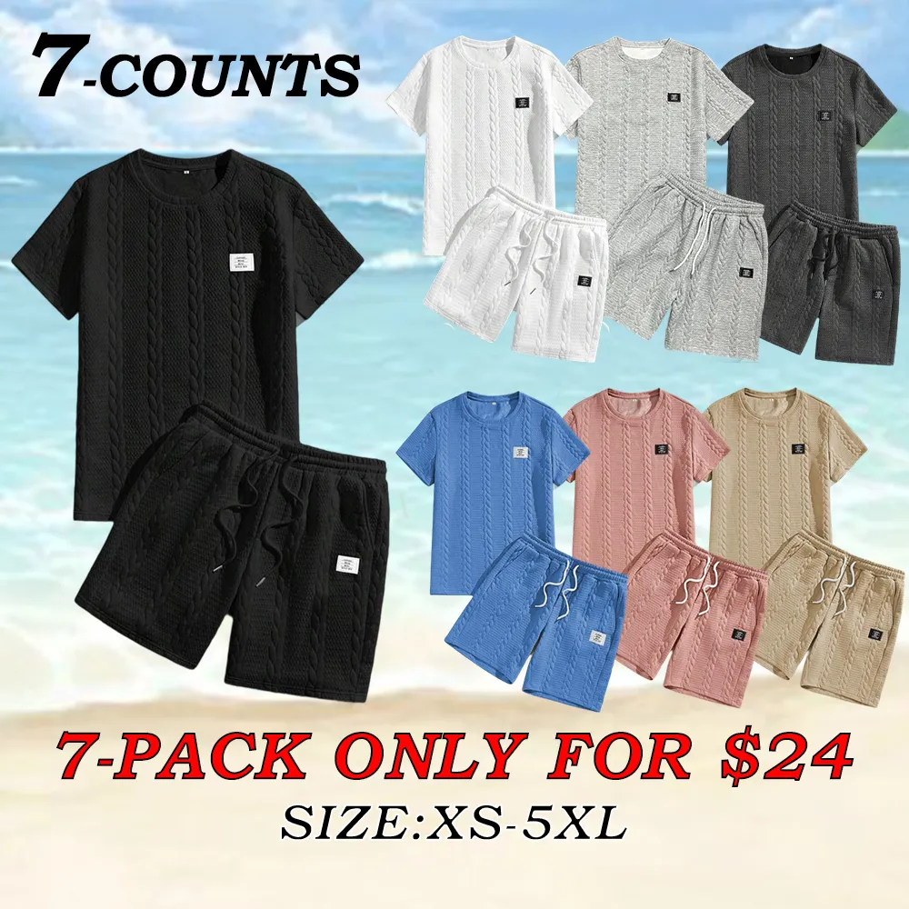 Men's Knit Casual Textured Patch Tee & Drawstring Shorts Set