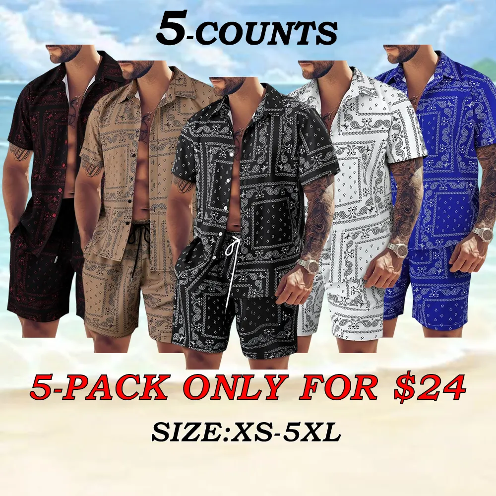 Men's All-Over Print Shirt & Shorts Set Casual Button Collar, Drawstring Waist, Tropical Summer