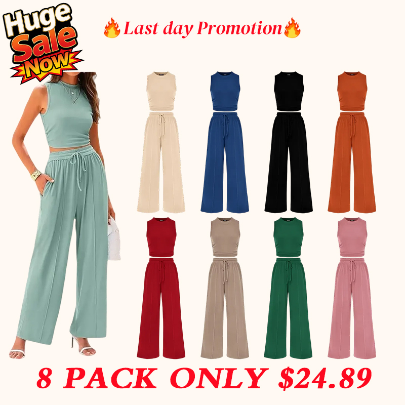🔥Women's 2-Piece Outfits - Ribbed Knit Crew Neck Sleeveless Cropped Top & Wide Leg Pants Lounge Set