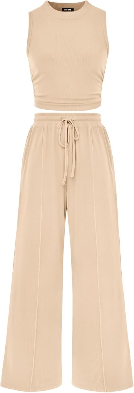 Women Summer 2 Piece Outfits 2026 Beach Crew Neck Sleeveless Cropped Top Elastic Waist Wide Leg Pants Lounge Set