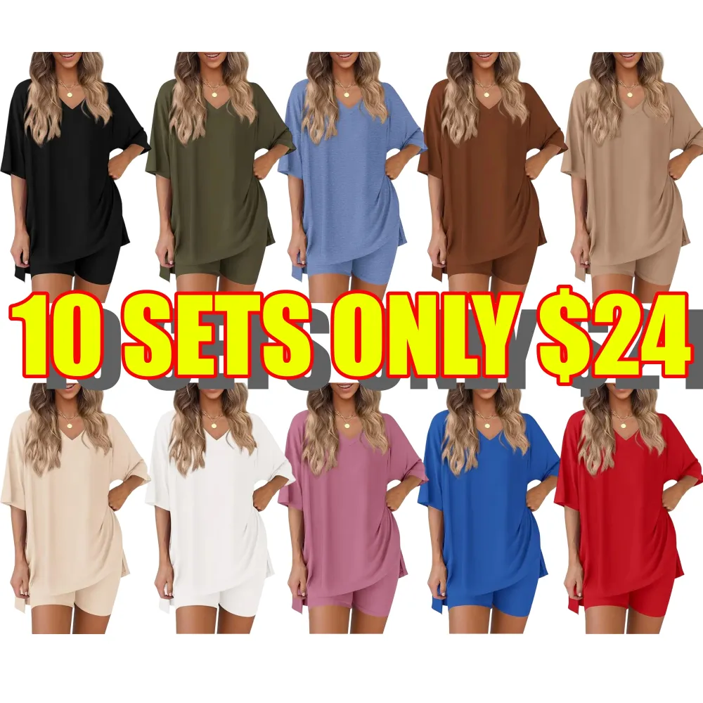 🔥Women's Casual Loose-fitting Two-Piece Set (Crew Neck/V-Neck) 🔥 10-Piece Set - Includes All Colors, Only $24