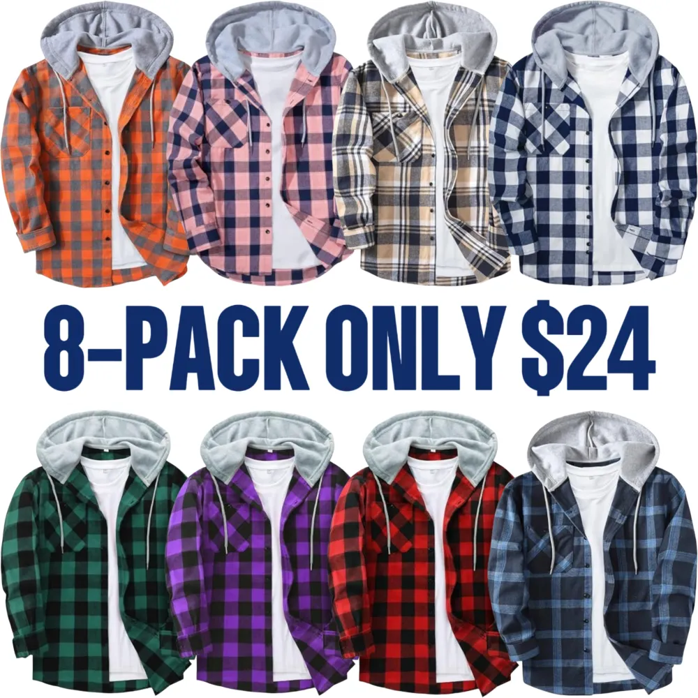 Men’s Plus Size Plaid Patchwork Hooded Jacket – Button Front Casual Outerwear with Pockets