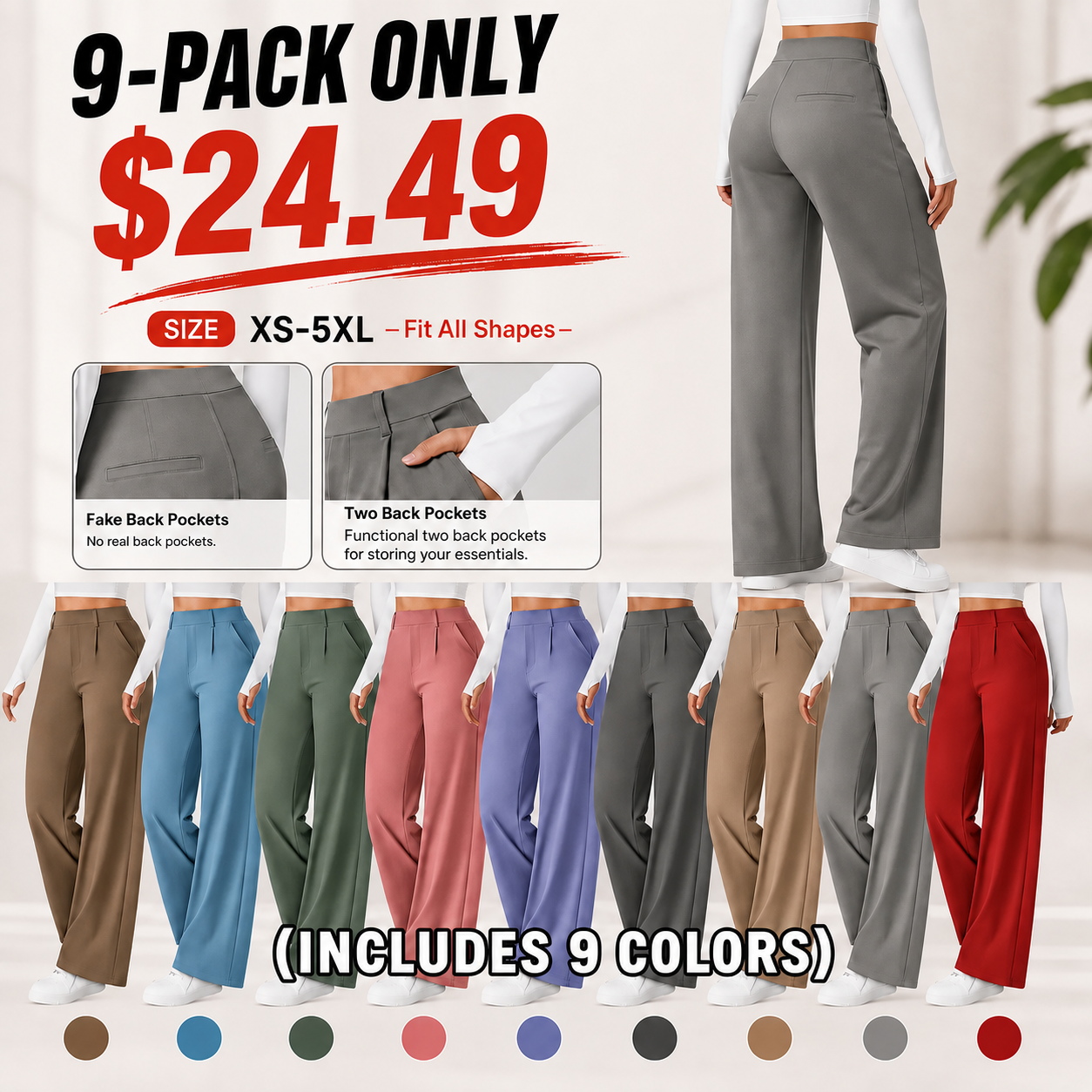 ⚡Summer Sale!High Waisted Side Pocket Straight Leg Work Pants