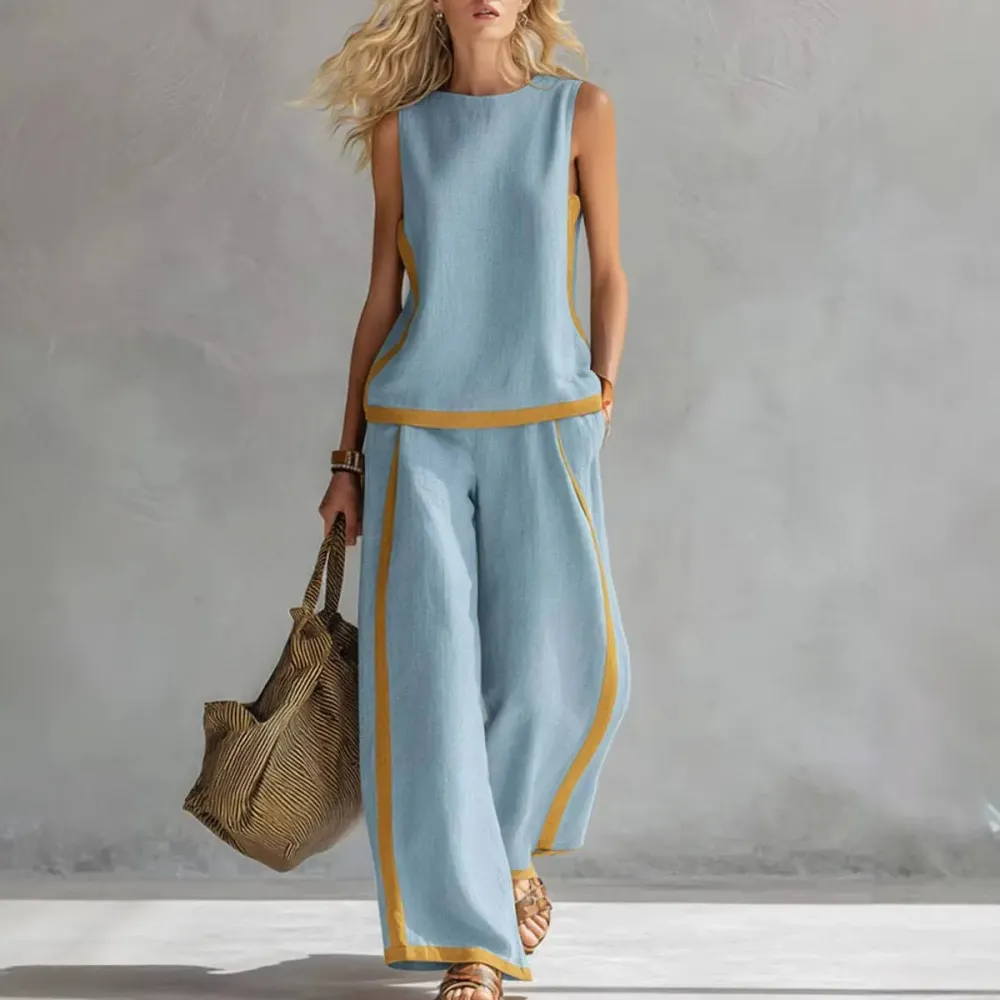 Linen Blend Women Sleeveless Color Block Top Wide Leg Pants Set