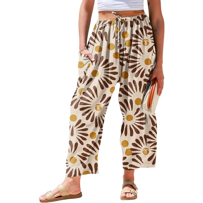 Women's Linen Wide Leg Pants Casual Loose Drawstring Low Waist with Pockets