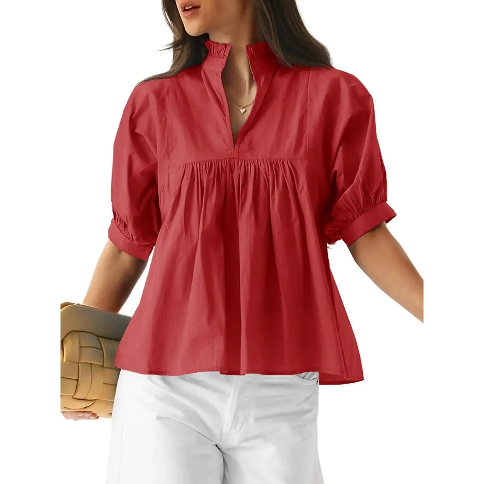 Womens V Neck Puff Sleeve Blouse Babydoll Peplum Tops Dressy Casual Pleated Loose Fit Shirts
