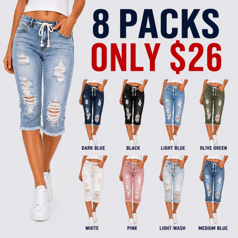 Fashion Distressed Ripped Capri Jeans Plus Size Casual High-Waisted Drawstring Waist Denim Cropped Pants + Lace cutout top