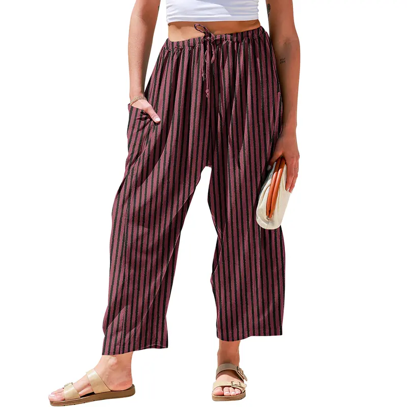 Women's Linen Wide Leg Pants Casual Loose Drawstring Low Waist with Pockets