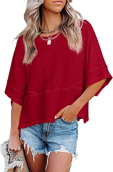 Women's Summer Casual Crewneck Batwing Half Sleeve Tee