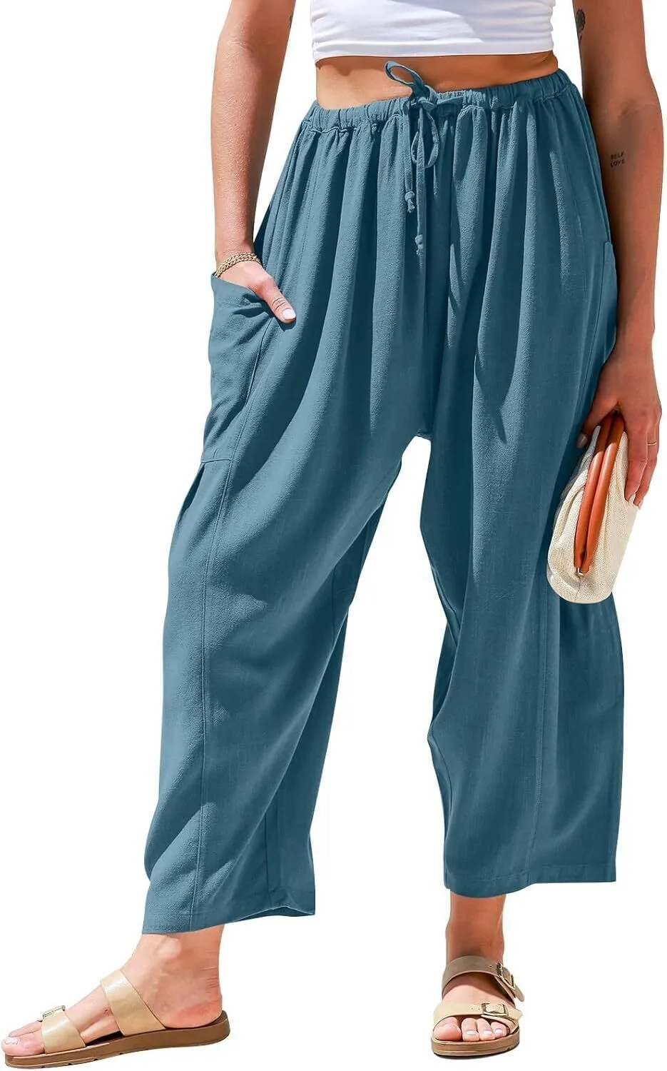 Women's Linen Wide Leg Pants Casual Loose Drawstring Low Waist with Pockets