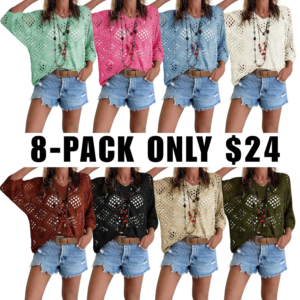 Women's Boho Crochet V-Neck Top – Casual Chic Knit
